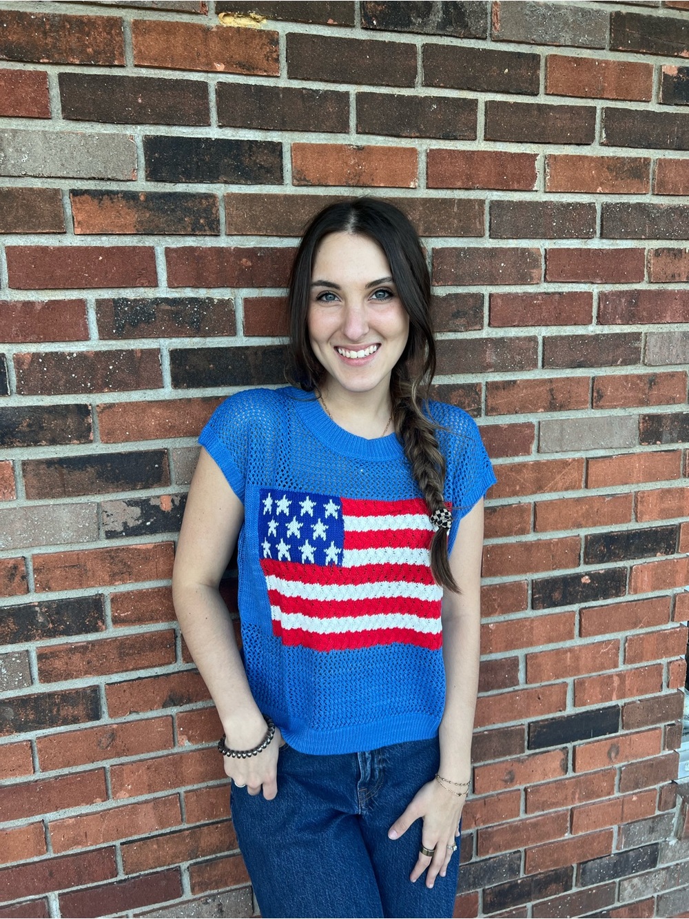 Blue American Flag Knit Cap Sleeve Top